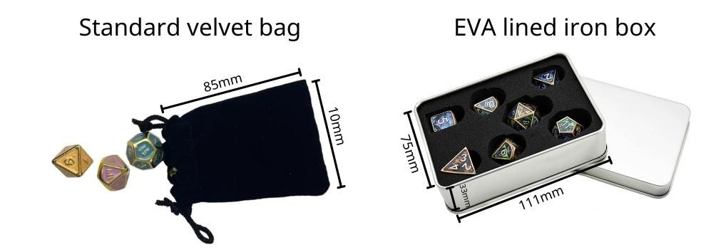 We provide standard velvet bags for Dungeons and Dragons dice.