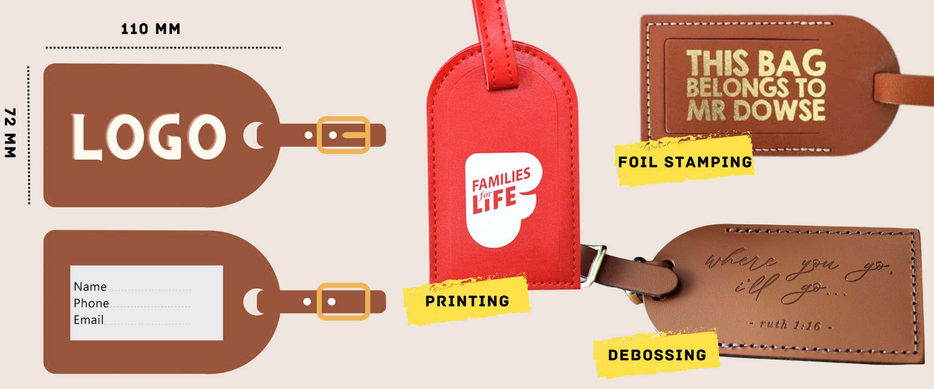 संदर्भ के लिए कस्टमाइज्ड लेदर टैग प्रभाव।