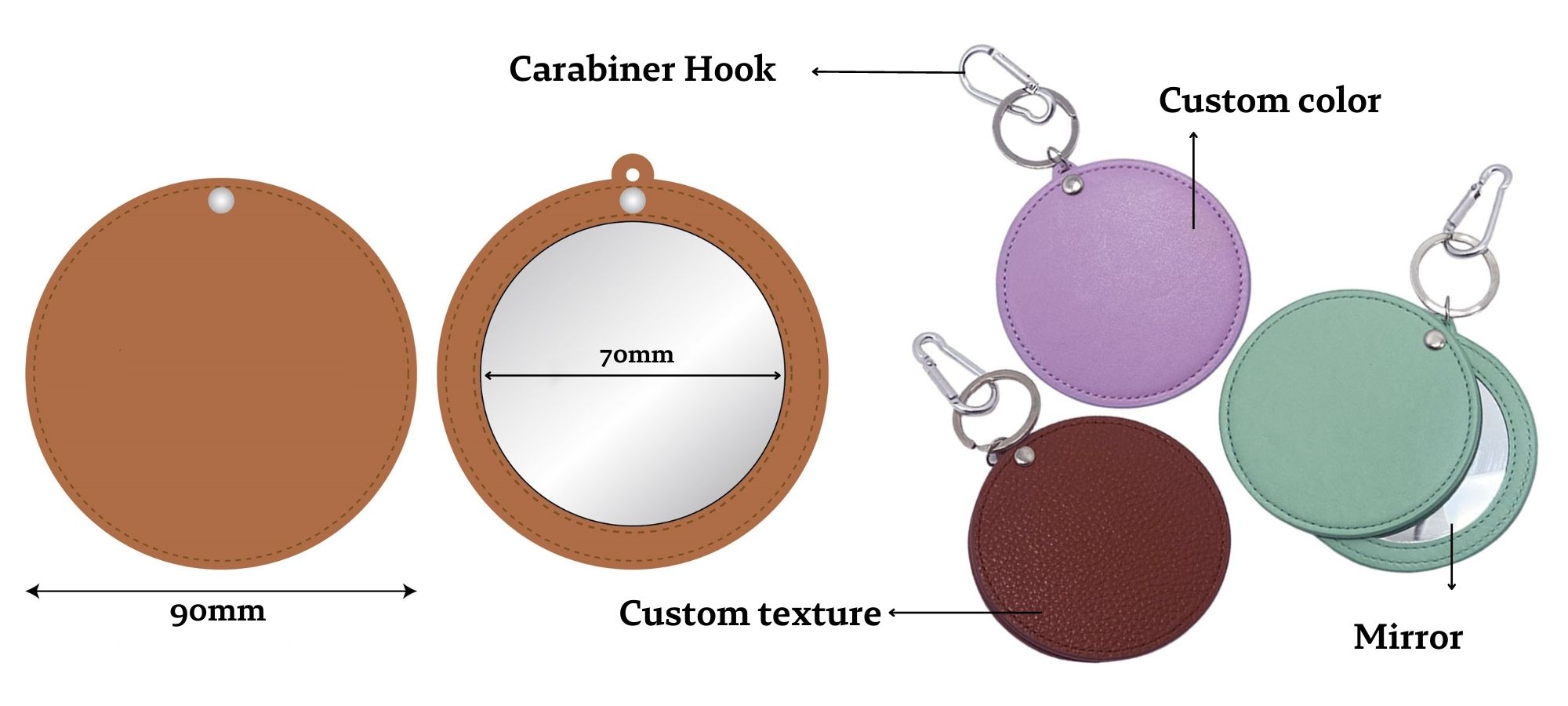 Espejo compacto de cuero personalizado para bolso.