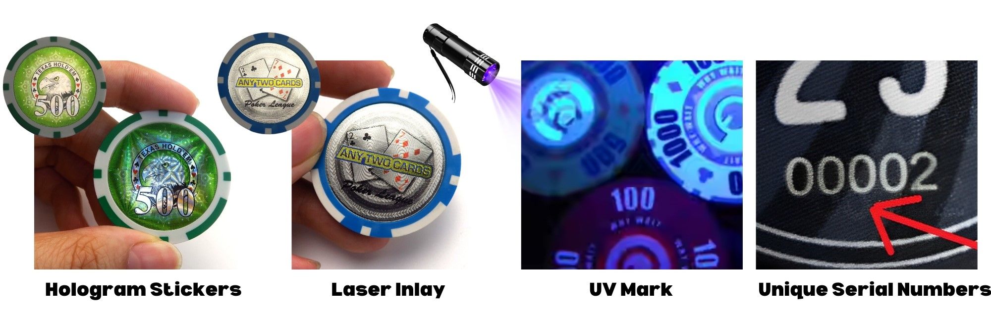 Conjunto de fichas de poker anti-falsificação.