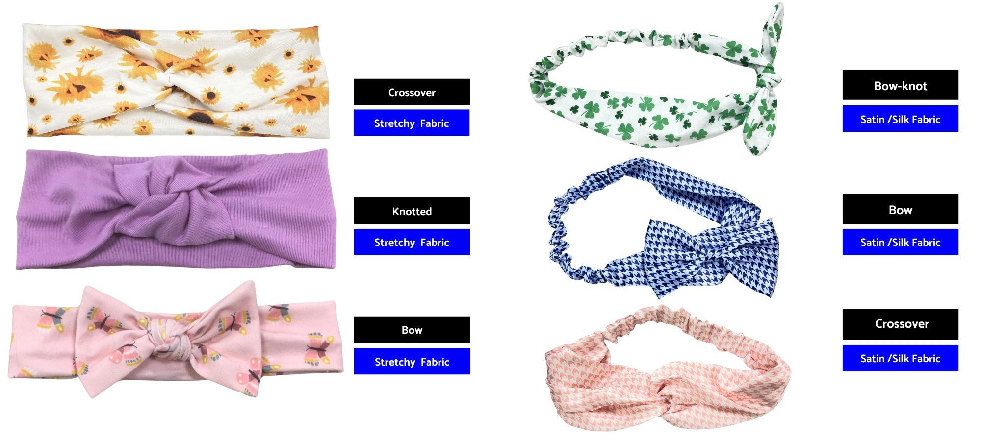 Gestalten Sie Ihre elastischen Stirnbänder mit einer Auswahl an Farben und Designs, die in unserer Fabrik erhältlich sind.