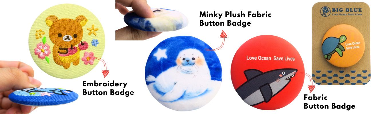 Botão personalizado com muitos materiais.