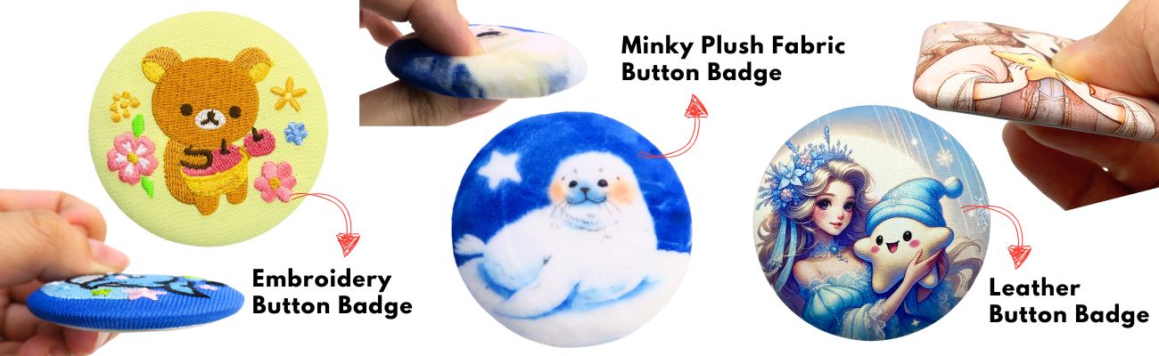 Egendefinert knappemerke i forskjellige materialer.