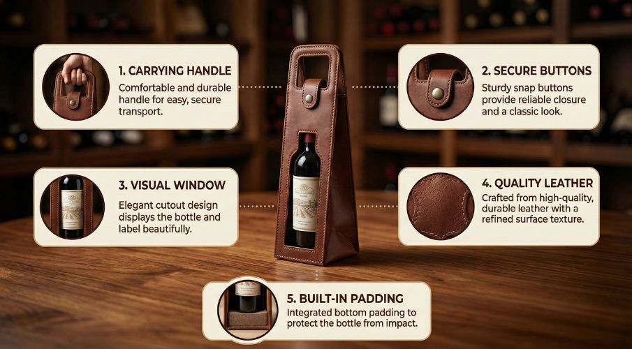 कस्टम लेदर वाइन बोतल कैरियर्स।