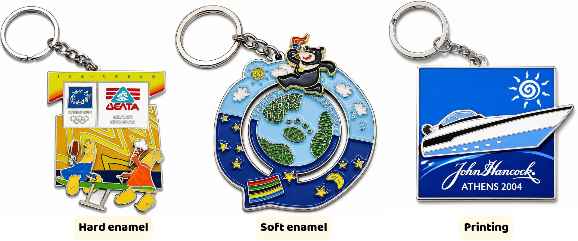 Llaveros de esmalte suave móvil personalizados con colores vibrantes y elementos interactivos.
