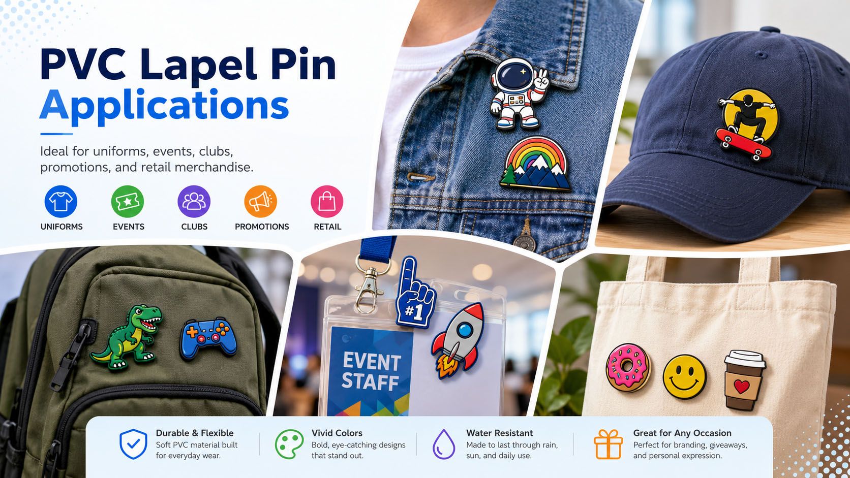  The soft PVC lapel pin is popular for its flexibility and vibrant colors.