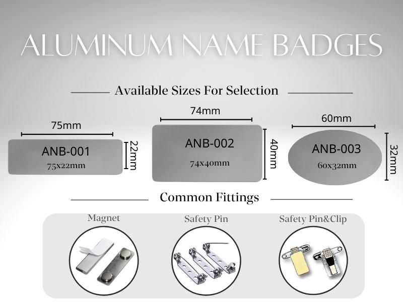 Etiquetas de nome personalizadas de ferro estão disponíveis, assim como etiquetas de nome personalizadas de alumínio.