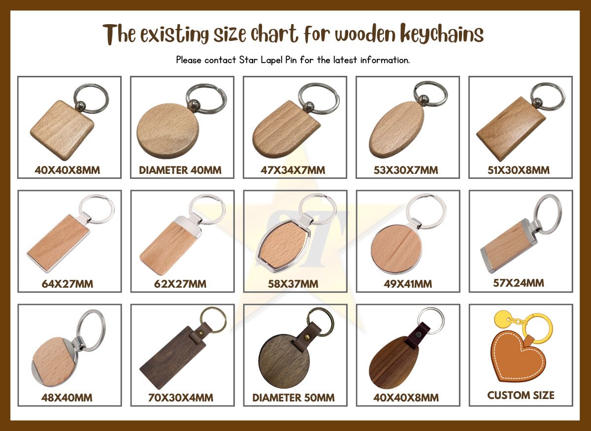 हमारे पास आपके विकल्पों के लिए लकड़ी की कुंजी श्रृंखला के मानक आकार है।